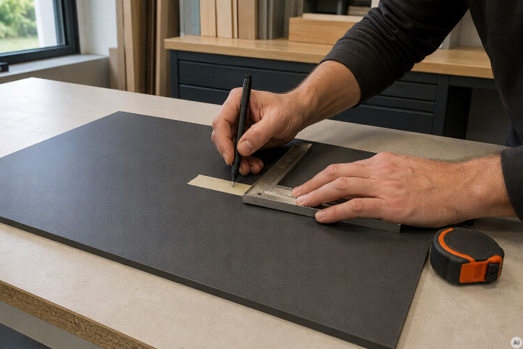 Measuring and marking drilling points on an anthracite HPL sheet