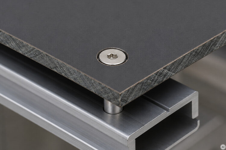 Enlarged sliding-point hole in an anthracite HPL sheet