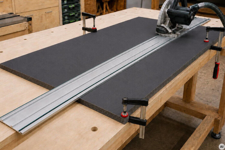 Cutting an HPL sheet to size with a suitable saw