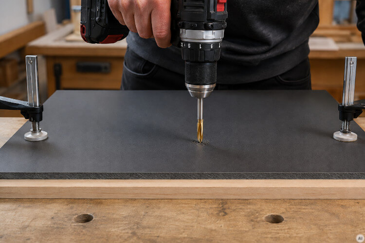 Drilling an anthracite HPL sheet with a steady feed