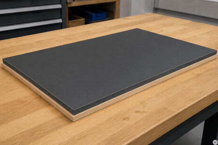 Placing an HPL sheet fully on a flat wooden sacrificial board