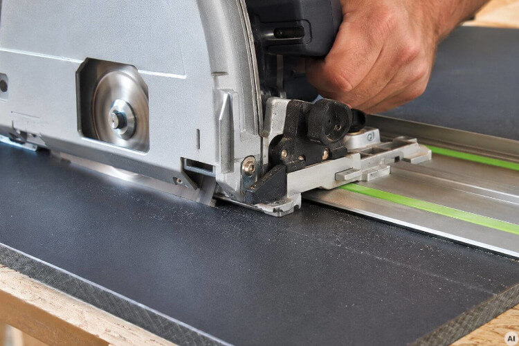 Close-up of an HPL sheet being sawn