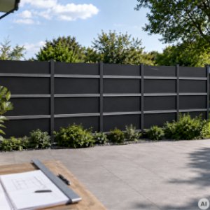 Posts and substructure for an HPL privacy screen beside a patio before sheet installation