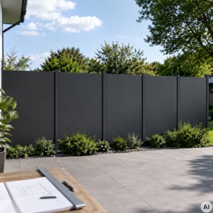 HPL privacy screen with evenly divided panels and post positions beside a patio