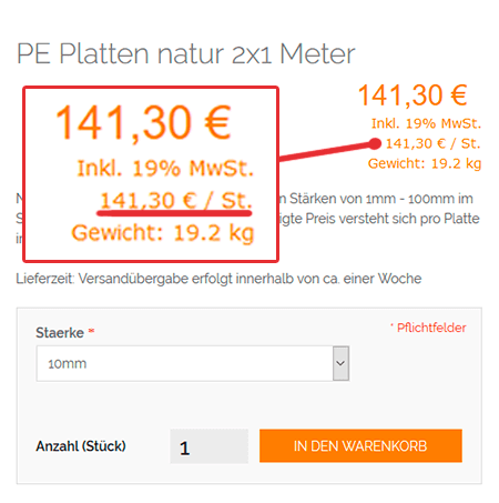 The price calculation of a plastic sheet with 10mm thickness according to new calculation