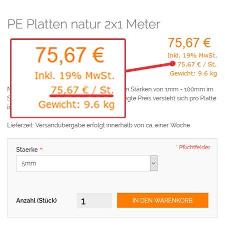 The price calculation of a plastic sheet with 5mm thickness according to new calculation