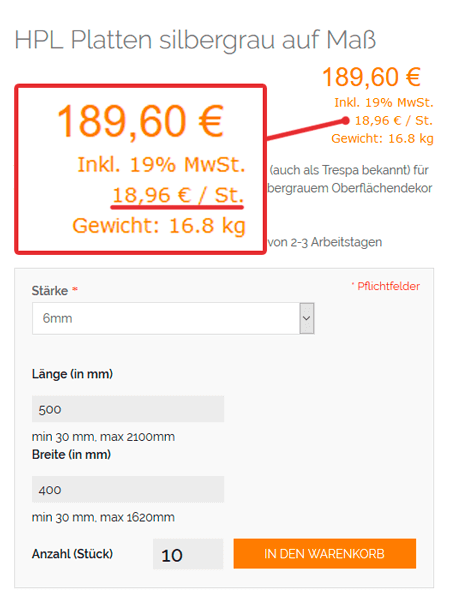 The new price calculation for HPL sheets cut to size for ten identical cuts