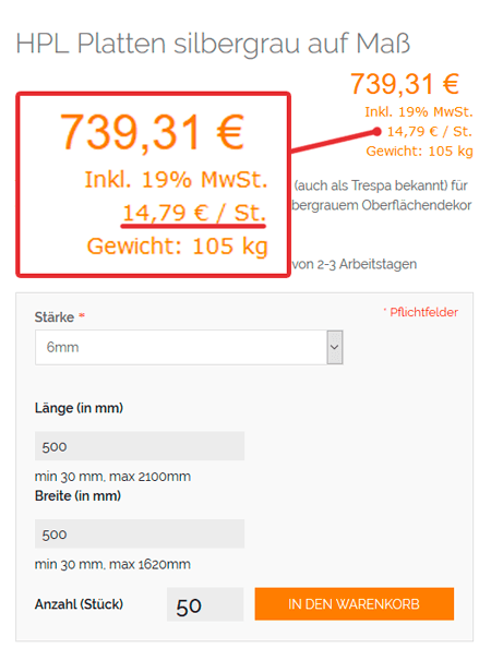 The new price calculation for HPL sheets cut to size for fifty identical cuts